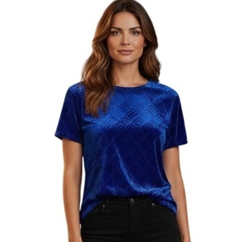 Gemilli VTG Royal Blue Textured Velvet Wavy Pattern Short Sleeve Top USA Made L